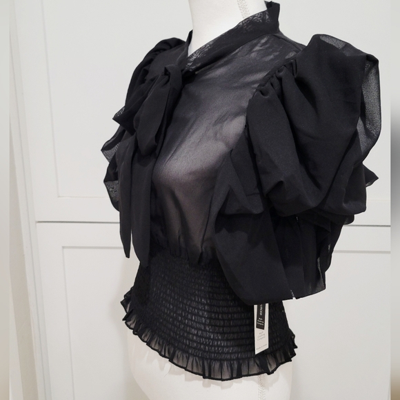 NWT Live 4 Truth Sheer Black Tie-Neck Ruffle Sleeve Top w/Smocked Waist | L - Picture 2 of 7